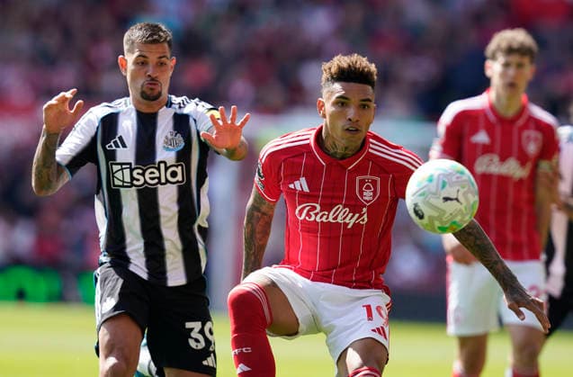 Nottingham, England, 10th May 2026. Igor Jesus of Nottingham Forest (R) is challenged by Bruno Guimaraes of Newcastle United during the Nottingham Forest vs Newcastle United Premier League match at the City Ground, Nottingham. Picture credit should read: Andrew Yates Sportimage EDITORIAL USE ONLY. No use with unauthorised audio, video, data, fixture lists, club league logos or live services. Online in-match use limited to 120 images, no video emulation. No use in betting, games or single club league player publications. SPI_019_AY_NOTTS_FOREST_NEWC SPI-4792-0019