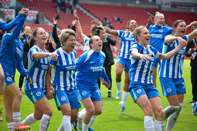 ST HELENS ENGLAND MAY 10 : Brighton players after the final whistle as they go through the WFA cup final during the Adobe WFA cup Semi Final match between Liverpool and Brighton and Hove Albion, St Helens Stadium on 10th May 2026 in St Helens England (Photo by Clare Overfield Sports Press Photo) Copyright: xClarexOverfieldx xSPPx Sportspressphoto_SPR143793