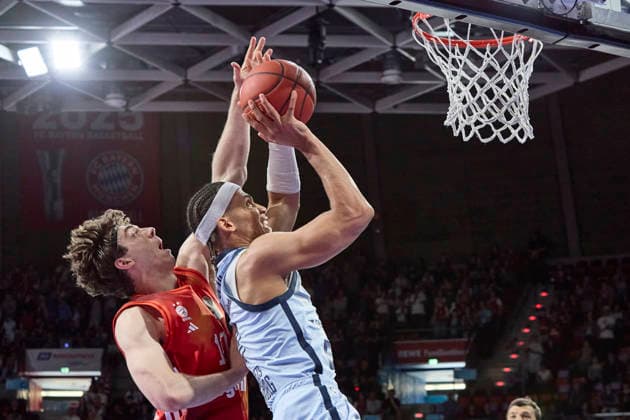 German Basketball Bundesliga BBL , FC Bayern Munich Basketball vs EWE BASKETS Oldenburg, Munich FC Bayern Basketball, Oldenburg EWE BASKETS, 2026 05 10 in Munich BMW Park TISCHLER Nicholas EWE BASKETS Oldenburg Small Forward SF Nr11 OLD11 , JESSUP Justinian FC Bayern Munich Basketball Shooting Guard SG Nr10 FCBB10 sportworld Munich BMW Park Bayern Germany