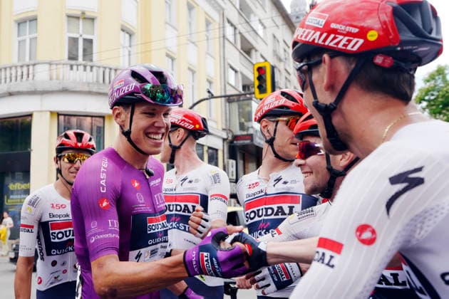 Paul Magnier (Soudal Quick-Step) winner stage celebrates with Team Soudal Quick-Step during Stage 3 of the Giro d™Italia, from Plovdiv to Sofia, Bulgaria, Sunday, May 10, 2026.  Copyright: xFabioxFerrari LaPressex
