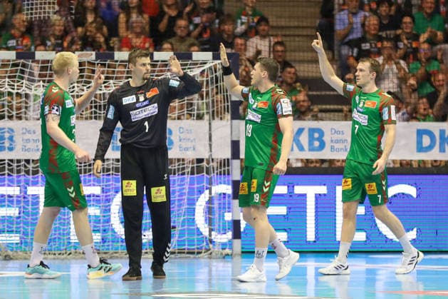 10 05 2026, xgox, Handball Daikin HBL SC Magdeburg Handball Sport Verein Hamburg emspor, v l Magnus Saugstrup Magdeburg, 23 , Sergey Hernandez Ferrer Magdeburg, 1 , Elvar Oern Jonsson Magdeburg, 19 , Felix Claar Magdeburg, 7 Jubel, Torjubel, jubelt über das Tor, celebrate the goal, celebration Magdeburg
