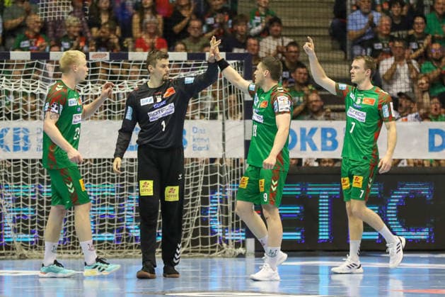 10 05 2026, xgox, Handball Daikin HBL SC Magdeburg Handball Sport Verein Hamburg emspor, v l Magnus Saugstrup Magdeburg, 23 , Sergey Hernandez Ferrer Magdeburg, 1 , Elvar Oern Jonsson Magdeburg, 19 , Felix Claar Magdeburg, 7 Jubel, Torjubel, jubelt über das Tor, celebrate the goal, celebration Magdeburg