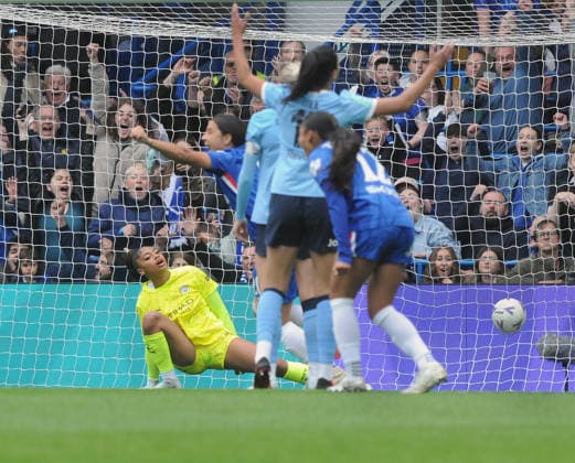 Football = 2025 2026 Women™s FA Cup - Semi-Final - Chelsea vs Manchester City - Stamford Bridge - Sunday 10th May 2026 City goalkeeper, Khiara Keating can only watch as Erin Cuthbert™s shot is deflected into the net for Chelsea™s first half goal. 