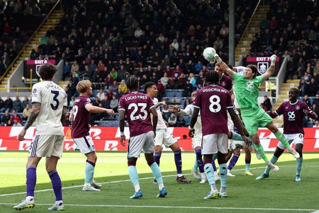 10th May 2026; Turf Moor, Burnley, Lancashire, England; Premier League Football, Burnley versus Aston Villa; Max Weiss of Burnley punches the ball clear DavidxBlunsden