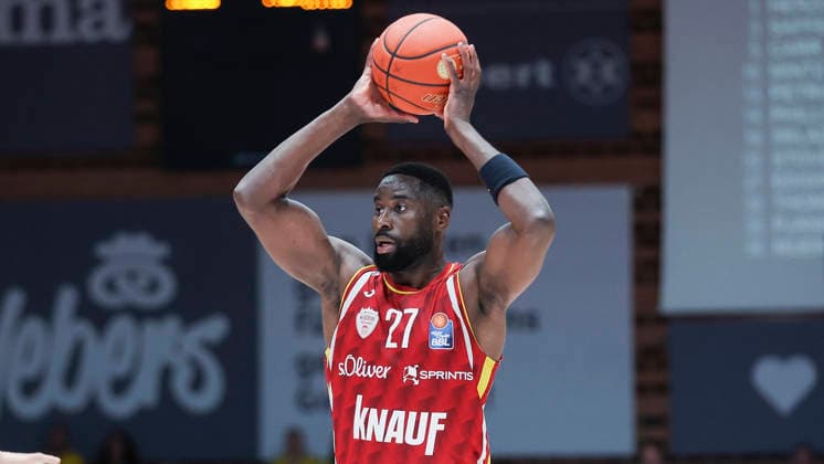 In the picture Eddy Edigin Wuerzburg Baskets, 27 on the ball 10 05 2026, Basketball, Fitness First Wuerzburg Baskets vs MHP Riesen Ludwigsburg, easyCredit BBL, 34 Matchday, Germany, 97072, tectake Arena Wuerzburg, Copyright: HMBxMedia xJulienxBecker