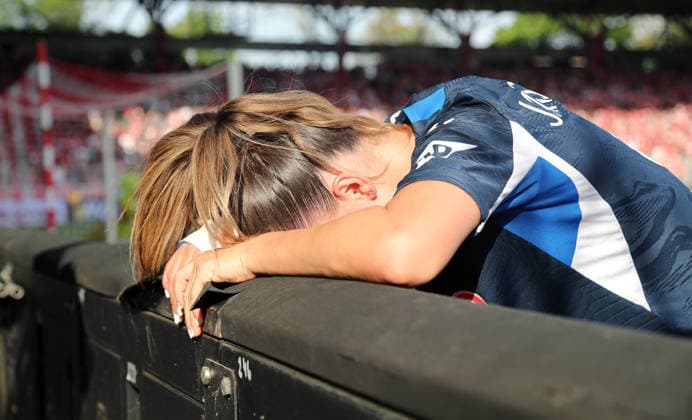 Jill Janssens injured injured Injury Sport Football Soccer 1 Bundesliga Women Women 25 Matchday Season 2025 2026 10 05 2026 1 FC Union Berlin vs TSG Hoffenheim DFL regulations prohibit any use of photographs as image sequences and or quasi video