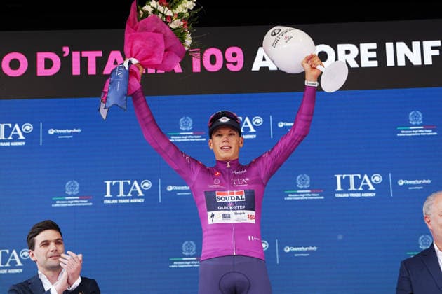 Cyclamen Jersey , ITA - Italian Trade Agency - Paul Magnier (Soudal Quick-Step) during Stage 3 of the Giro d™Italia, from Plovdiv to Sofia, Bulgaria, Sunday, May 10, 2026.  Copyright: xMassimoxPaolone LaPressex