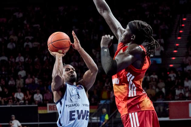 German Basketball Bundesliga BBL , FC Bayern Munich Basketball vs EWE BASKETS Oldenburg, Munich FC Bayern Basketball, Oldenburg EWE BASKETS, 2026 05 10 in Munich BMW Park CLEMONS Christopher EWE BASKETS Oldenburg Point Guard PG Nr3 OLD3 , GABRIEL Wenyen FC Bayern Munich Basketball Center C Nr32 FCBB32 sportworld Munich BMW Park Bayern Germany