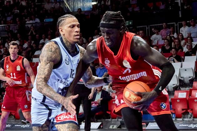 German Basketball Bundesliga BBL , FC Bayern Munich Basketball vs EWE BASKETS Oldenburg, Munich FC Bayern Basketball, Oldenburg EWE BASKETS, 2026 05 10 in Munich BMW Park GABRIEL Wenyen FC Bayern Munich Basketball Center C Nr32 FCBB32 , KYSER Michale EWE BASKETS Oldenburg Center C Nr12 OLD12 sportworld Munich BMW Park Bayern Germany