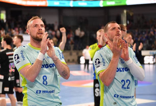 10 05 2026 Handball 1 Bundesliga DAIKIN HBL Season 2025 2026 31 Matchday HC Erlangen Metropolregion Nuremberg HCE VfL Gummersbach OGo xogox Lukas Blohme 8, VfL Gummersbach Kentin Mahe 22, VfL Gummersbach Cheers of joy at the end of the match
