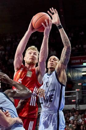 German Basketball Bundesliga BBL , FC Bayern Munich Basketball vs EWE BASKETS Oldenburg, Munich FC Bayern Basketball, Oldenburg EWE BASKETS, 2026 05 10 in Munich BMW Park GIFFEY Niels FC Bayern Munich Basketball Small Forward SF Nr5 FCBB5 , KYSER Michale EWE BASKETS Oldenburg Center C Nr12 OLD12 sportworld Munich BMW Park Bayern Germany