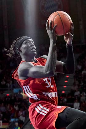 German Basketball Bundesliga BBL , FC Bayern Munich Basketball vs EWE BASKETS Oldenburg, Munich FC Bayern Basketball, Oldenburg EWE BASKETS, 2026 05 10 in Munich BMW Park GABRIEL Wenyen FC Bayern Munich Basketball Center C Nr32 FCBB32 sportworld Munich BMW Park Bayern Germany