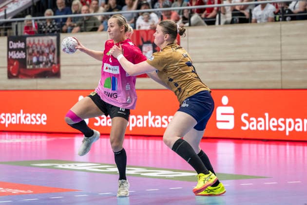 Handball Bundesliga Women,HBF, Season 2025 2026 SV Union Halle Neustadt vs Buxtehuder SV Halle, Germany 10 May 2026 In the picture from left Lea Gruber Halle and Lyn Elisabeth Lück Lueck Buxtehude Halle Saale SWH Arena Sachsen Anhalt Germany