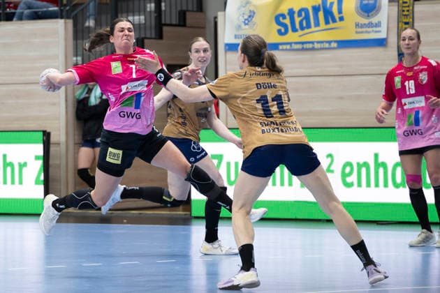 Handball Bundesliga Women,HBF, Season 2025 2026 SV Union Halle Neustadt vs Buxtehuder SV Halle, Germany 10 May 2026 In the picture from left Lynn Molenaar Halle and Isabelle Doelle Buxtehude Halle Saale SWH Arena Sachsen Anhalt Germany