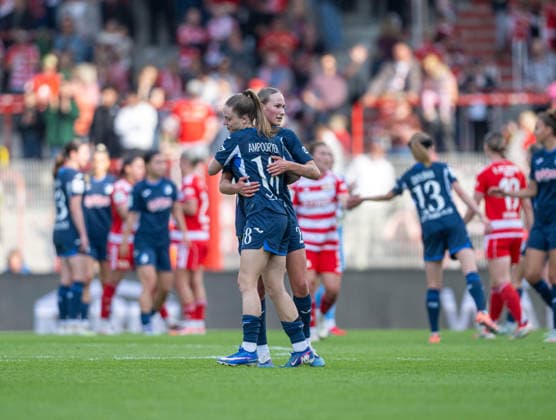 Soccer, Women, Season 2025 2026, Google Pixel Women Bundesliga 25 Matchday , 1 FC Union Berlin TSG 1899 Hoffenheim, v l Valesca Ampoorter Hoffenheim , Feli Delacauw Hoffenheim , Cheering after final whistle, 10 05 2026, Copyright: xMatthiasxKochx