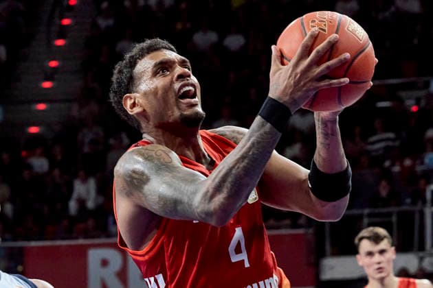 German Basketball Bundesliga BBL , FC Bayern Munich Basketball vs EWE BASKETS Oldenburg, Munich FC Bayern Basketball, Oldenburg EWE BASKETS, 2026 05 10 in Munich BMW Park RATHAN MAYES Xavier FC Bayern Munich Basketball Shooting Guard SG Nr4 FCBB4 sportworld Munich BMW Park Bayern Germany