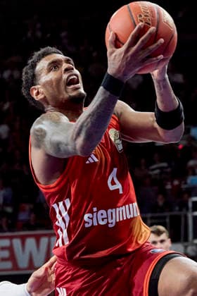 German Basketball Bundesliga BBL , FC Bayern Munich Basketball vs EWE BASKETS Oldenburg, Munich FC Bayern Basketball, Oldenburg EWE BASKETS, 2026 05 10 in Munich BMW Park RATHAN MAYES Xavier FC Bayern Munich Basketball Shooting Guard SG Nr4 FCBB4 sportworld Munich BMW Park Bayern Germany