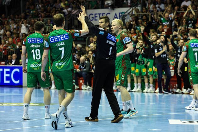 v r Magnus Saugstrup SC Magdeburg,23 , Goalkeeper Sergey Hernandez Ferrer SC Magdeburg,1 , Felix Claar SC Magdeburg,7 , Elvar Örn Jonsson SC Magdeburg,19 Handball Bundesliga Season 2025 2026 SC Magdeburg vs HSV Hamburg at the GETEC Arena in Magdeburg Action,Handball,Germany,10 05 2026