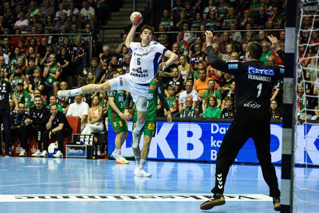 Elias Kofler HSV Hamburg,6 vs Goalkeeper Sergey Hernandez Ferrer SC Magdeburg,1 Handball Bundesliga Season 2025 2026 SC Magdeburg vs HSV Hamburg at the GETEC Arena in Magdeburg Action,Handball,Germany,10 05 2026