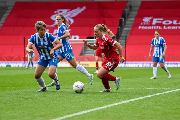 ST HELENS ENGLAND MAY 10 :Kiko Seike (11 Brighton) and Kirsty Maclean (19 Liverpool) battle during the Adobe WFA cup Semi Final match between Liverpool and Brighton and Hove Albion, St Helens Stadium on 10th May 2026 in St Helens England (Photo by Clare Overfield Sports Press Photo) Copyright: xClarexOverfieldx xSPPx Sportspressphoto_SPR144077