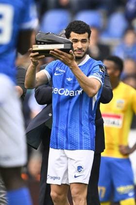 Ebbenhouten schoen for Genk s Zakaria El Ouahdi pictured ahead of a soccer match between KRC Genk and KVc Westerlo, Sunday 10 May 2026 in Genk, on the seventh day of the Europe Play-offs (PO 2) of the 2025-2026 Jupiler Pro League first division of the Belgian championship. JOHAN EYCKENS JohanxEyckens  x173429692x