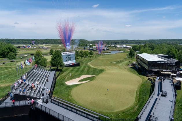 STERLING, VIRGINIA - MAY 10: A general view of the eighteenth hole with shotgun start pyrotechnics during day 4 of LIV Golf Virginia at Trump National Golf Club on May 10, 2026 in Sterling, Virginia. (Photo by Ben Hsu Icon Sportswire) GOLF: MAY 10 LIV Golf Virginia EDITORIAL USE ONLY Icon224260510013