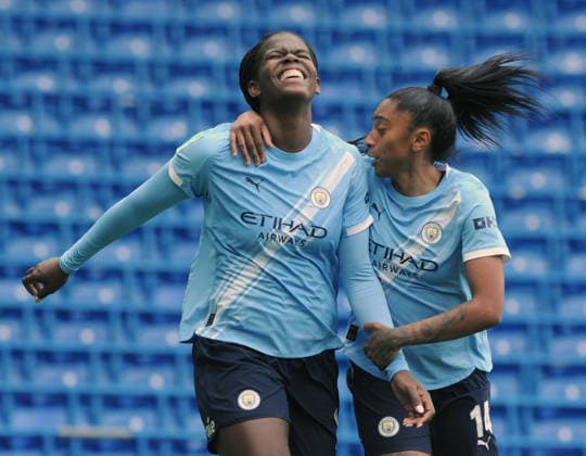 Football = 2025 2026 Women™s FA Cup - Semi-Final - Chelsea vs Manchester City - Stamford Bridge - Sunday 10th May 2026 Khadija Shaw of Man City celebrates scoring the winning goal with Kerolin 