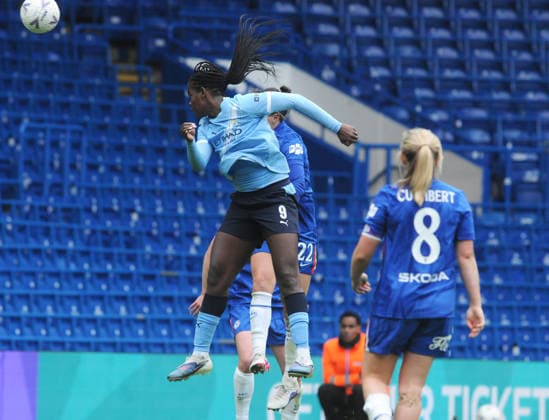 Football = 2025 2026 Women™s FA Cup - Semi-Final - Chelsea vs Manchester City - Stamford Bridge - Sunday 10th May 2026 Khadija Shaw of Man City heads the winning goal 