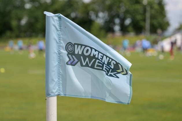 10 05 2026, Football, 2 Womens Bundesliga, 2025 2026, 25 Matchday, SG 99 Andernach SC Sand The matchday and the whole week is themed DFB Womens week Here is the corner flag for the matchday Andernach Stadium Rhineland-Palatinate Germany