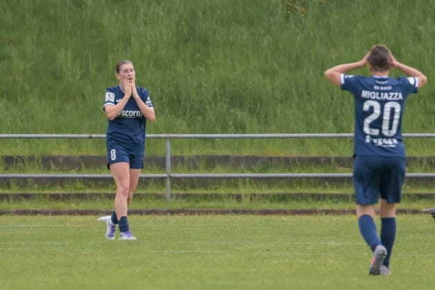 10 05 2026, Football, 2 Womens Bundesliga, 2025 2026, Matchday 25, SG 99 Andernach SC Sand Kim Schneider 8 Sand is shocked after missing a great chance Andernach Stadium Rhineland-Palatinate Germany