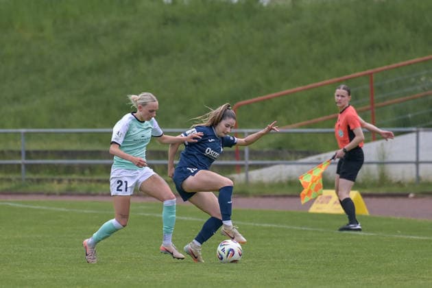 10 05 2026, Soccer, 2 Womens Bundesliga, 2025 2026, 25 Matchday, SG 99 Andernach SC Sand Isabel Pfeiffer 21 Andernach and Anne Rotzinger 15 Sand in duel Andernach Stadium Rhineland-Palatinate Germany