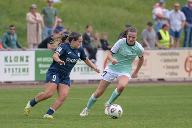 10 05 2026, Soccer, 2 Womens Bundesliga, 2025 2026, 25 Matchday, SG 99 Andernach SC Sand Pija Reininger 9 Sand in duel with Malou Müller 27 Andernach Andernach Stadium Rhineland-Palatinate Germany