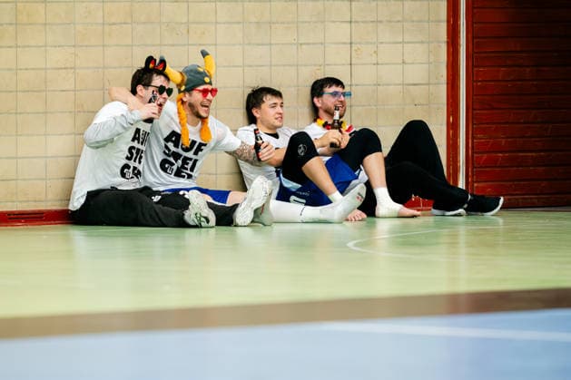 Krefeld, 10 05 2026, Handball, Men, 2 Bundesliga, 31 Matchday, 2025 2026 HSG Krefeld Niederrhein HBW Balingen Weilstetten Happy newcomers are still sitting in the Krefeld hall