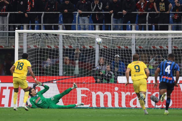 Milan, Italy, 10th May 2026. Christopher Nkunku of AC Milan scores a penalty to reduce the arrears to 3-2 during the AC Milan vs Atalanta Serie A match at Giuseppe Meazza, Milan. Picture credit should read: Jonathan Moscrop Sportimage EDITORIAL USE ONLY. No use with unauthorised audio, video, data, fixture lists, club league logos or live services. Online in-match use limited to 120 images, no video emulation. No use in betting, games or single club league player publications. SPI_049_JM_MILAN_ATALANTA SPI-4760-0049