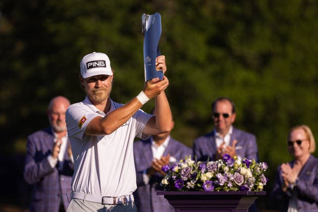 May 10, 2026: Kristoffer Reitan holds up the Truist Championship Trophy at Quail Hollow Club in Charlotte, NC. ( CSM) Charlotte United States - ZUMAc04_ 20260510_zma_c04_052 Copyright: xScottxKinserx