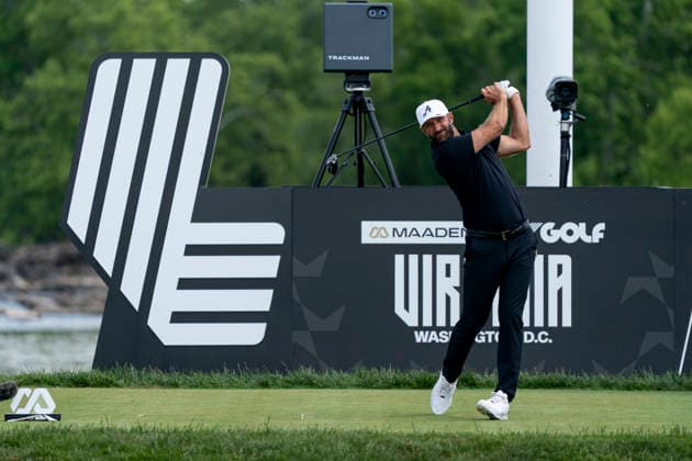 STERLING, VIRGINIA - MAY 10: Dustin Johnson of 4Aces GC takes a tee shot in from of a LIV Golf logo on hole 15 during day 4 of LIV Golf Virginia at Trump National Golf Club on May 10, 2026 in Sterling, Virginia. (Photo by Ben Hsu Icon Sportswire) GOLF: MAY 10 LIV Golf Virginia EDITORIAL USE ONLY Icon224260510020