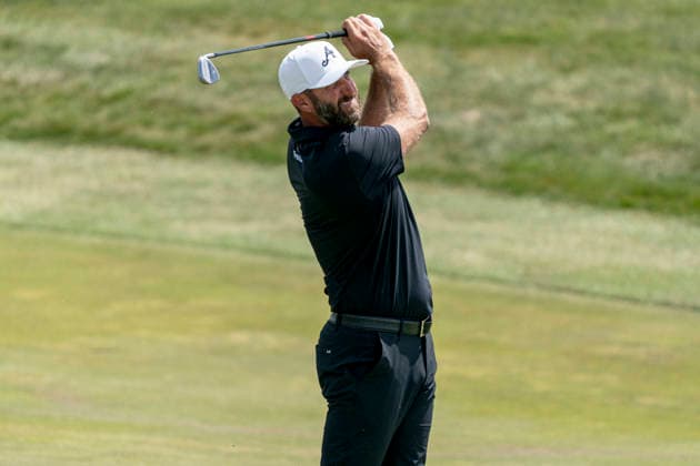 STERLING, VIRGINIA - MAY 10: Dustin Johnson of 4Aces GC hits a shot from the fairway of the fifteenth hole during day 4 of LIV Golf Virginia at Trump National Golf Club on May 10, 2026 in Sterling, Virginia. (Photo by Ben Hsu Icon Sportswire) GOLF: MAY 10 LIV Golf Virginia EDITORIAL USE ONLY Icon224260510023