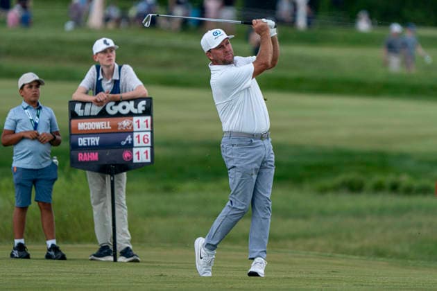 STERLING, VIRGINIA - MAY 10: Thomas Detry of 4Aces GC hits a shot from the fairway of the fifteenth hole during day 4 of LIV Golf Virginia at Trump National Golf Club on May 10, 2026 in Sterling, Virginia. (Photo by Ben Hsu Icon Sportswire) GOLF: MAY 10 LIV Golf Virginia EDITORIAL USE ONLY Icon224260510029
