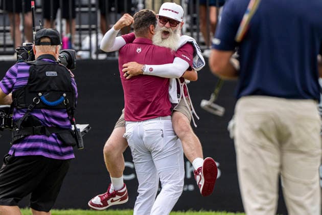 STERLING, VIRGINIA - MAY 10: Nick Pugh and Lucas Herbert of Ripper GC celebrates after winning the individual championship title during day 4 of LIV Golf Virginia at Trump National Golf Club on May 10, 2026 in Sterling, Virginia. (Photo by Ben Hsu Icon Sportswire) GOLF: MAY 10 LIV Golf Virginia EDITORIAL USE ONLY Icon224260510048