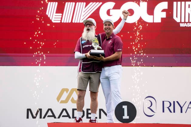 STERLING, VIRGINIA - MAY 10: Lucas Herbert of Ripper GC and his caddie Nick Pugh celebrate during day 4 of LIV Golf Virginia at Trump National Golf Club on May 10, 2026 in Sterling, Virginia. (Photo by Ben Hsu Icon Sportswire) GOLF: MAY 10 LIV Golf Virginia EDITORIAL USE ONLY Icon224260510057