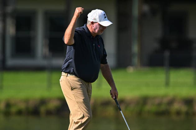 THE WOODLANDS, TX - MAY 10: Boo Weekley reacts after completing a putt on the seventeenth green during the final round of The Insperity Invitational in the PGA, Golf Herren TOUR Champions at The Woodlands Country Club on Sunday, May 10, 2026 in The Woodlands, TX. (Photo by Austin McAfee Icon Sportswire) GOLF: MAY 10 PGA TOUR Champions Insperity Invitational EDITORIAL USE ONLY Icon260510013
