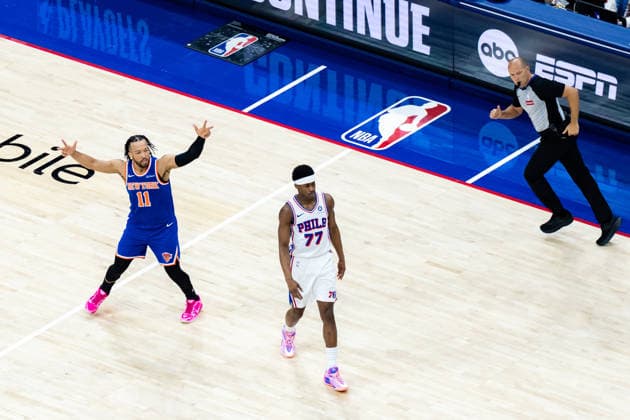 Philadelphia 76ers v New York Knicks - Game Four PHILADELPHIA, UNITED STATES - MAY 10: Jalen Brunson of the New York Knicks celebrates during Game 4 of the NBA, Basketball Herren, USA Eastern Conference Semifinals at Xfinity Mobile Arena on May 10, 2026 in Philadelphia, United States. Nathan Morris Anadolu Philadelphia United States. Editorial use only. Please get in touch for any other usage.  Copyright: x2026xAnadoluxNathanxMorrisx