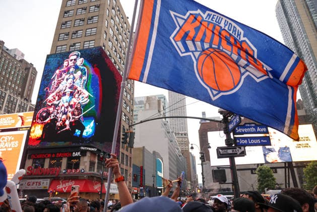 New York Knicks fans celebrate their advancement to the Eastern Conference New York Knicks fans celebrate their advancement to the Eastern Conference Finals in the Madison Square Garden area in New York on the night of Sunday, May 10, 2026 New York City NY United States Copyright: xWilliamxVolcovx