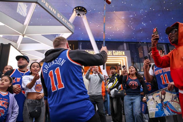 New York Knicks fans celebrate their advancement to the Eastern Conference New York Knicks fans celebrate their advancement to the Eastern Conference Finals in the Madison Square Garden area in New York on the night of Sunday, May 10, 2026 New York City NY United States Copyright: xWilliamxVolcovx