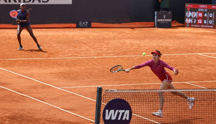(260511) -- ROME, May 11, 2026 -- Anna Danilina (R) Asia Muhammad compete during the women s doubles round of 32 match between Jiang Xinyu Xu Yifan of China and Anna Danilina of Kazakhstan Asia Muhammad of the United States at the WTA, Tennis Damen Italian Open tennis tournament in Rome, Italy, May 11, 2026. ) (SP)ITALY-ROME-TENNIS-WTA-ITALIAN OPEN-WOMEN S DOUBLES WangxKaiyan 