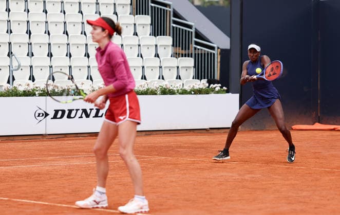 (260511) -- ROME, May 11, 2026 -- Anna Danilina Asia Muhammad (R) compete during the women s doubles round of 32 match between Jiang Xinyu Xu Yifan of China and Anna Danilina of Kazakhstan Asia Muhammad of the United States at the WTA, Tennis Damen Italian Open tennis tournament in Rome, Italy, May 11, 2026. ) (SP)ITALY-ROME-TENNIS-WTA-ITALIAN OPEN-WOMEN S DOUBLES WangxKaiyan 