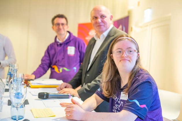 Im Homburger Schlossberghotel findet am Montag (11.5.2026) die Pressekonferenz zu den Special Olympics Nationalen Spielen im Saarland statt. Dort wird das Programm vorgestellt. Im Bild (v.l.) Innenminister Reinhold Jost, Organisator Rald Kirch und Athlethensprecherin Louise Rohrer. *** The press conference for the Special Olympics National Games in Saarland will take place at the Schlossberghotel in Homburg on Monday 11 5 2026 The programme will be presented there From left to right bub