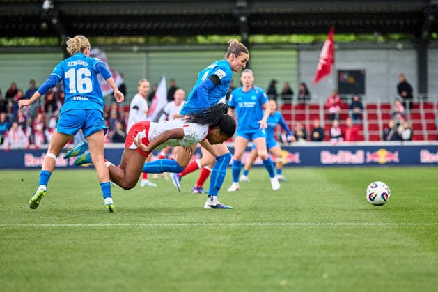 11 05 2026, GER, Womens Soccer, BL, 2025 2026, RB Leipzig Bayer 04 Leverkusen Delice Boboy 17, RB Leipzig , is brought down, duel, no foul Leipzig training center of the Red Bull Saxony Germany