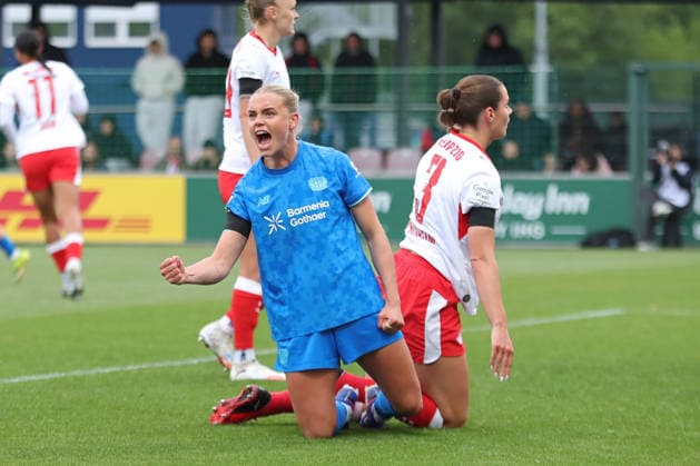 Google Pixel Frauen-Bundesliga, RB Leipzig - Bayer Leverkusen; 11.05.2026 Cornelia Kramer (7, Bayer Leverkusen) jubelt über ihr Tor zum 1:1-Ausgleich. Fußball, Google Pixel Frauen-Bundesliga, Saison 2025 2026, 25. Spieltag: RB Leipzig vs. Bayer 04 Leverkusen am 11.05.2026, Trainingszentrum Cottaweg, Leipzig. DFB REGULATIONS PROHIBIT ANY USE OF PHOTOGRAPHS AS IMAGE SEQUENCES AND OR QUASI-VIDEO. Copyright: xBEAUTIFULxSPORTS JanxKaeferx