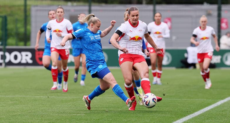 Leipzig, 11 05 2025, Red Bull Campus, Soccer, 1 Bundesliga, Women 25 Matchday , RB Leipzig vs Bayer 04 Leverkusen , In the picture from left Vanessa Fudalla 21, LEV , Andrea Norheim 3, RBL , For editorial use only , DFL DFB regulations prohibit any use of photographs as image sequences and or quasi video ,